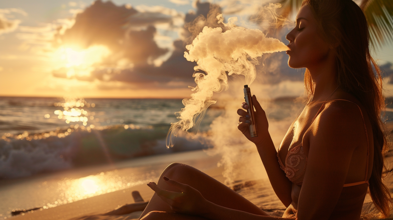 Woman vaping Funky Lands CR1200 on a tropical beach at sunset