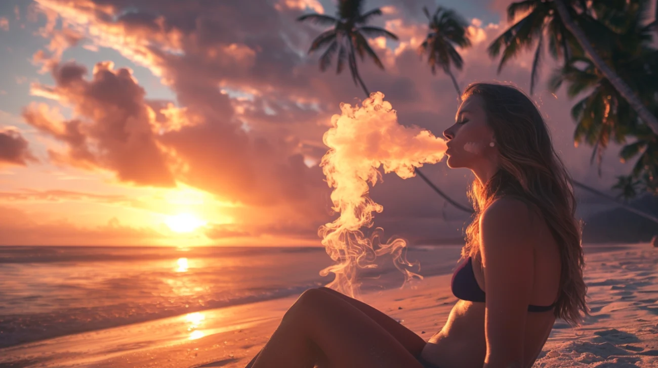 Woman in a bikini vaping Funky Lands CR1200 on the beach